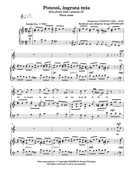 CAVALLI Francesco: Potessi, ingrata mia, aria from the cantata, arranged for Voice and Piano (A mino image number null