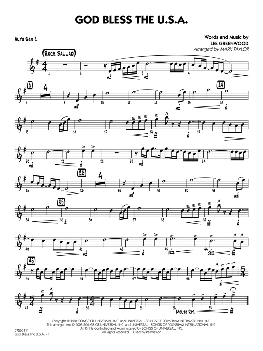 God Bless the U.S.A. (arr. Mark Taylor) - Alto Sax 1 Jazz Ensemble scores gallery preview page 1