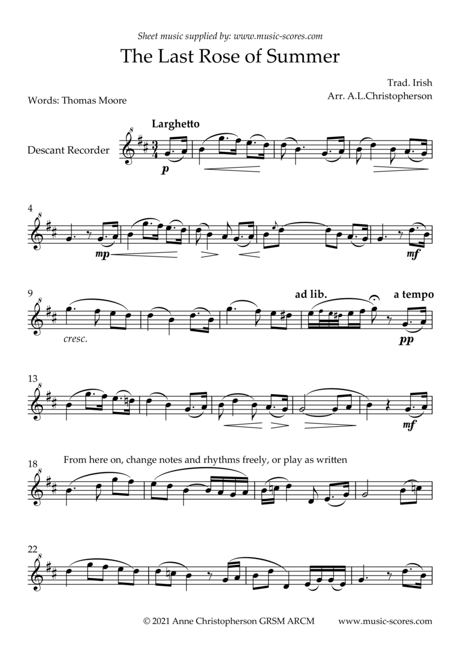 The Last Rose of Summer Unaccompanied Descant Recorder by