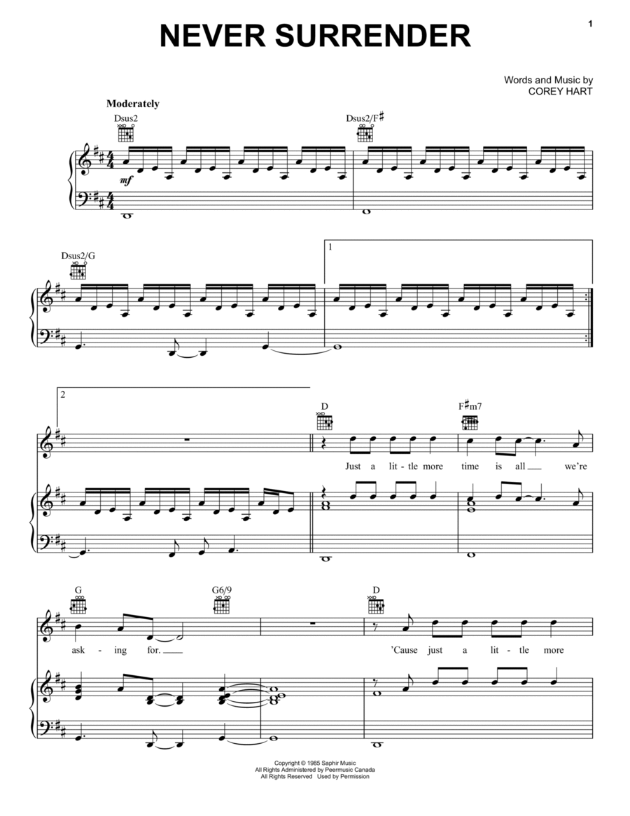 Never Surrender Piano, Vocal, Guitar scores gallery preview page 1