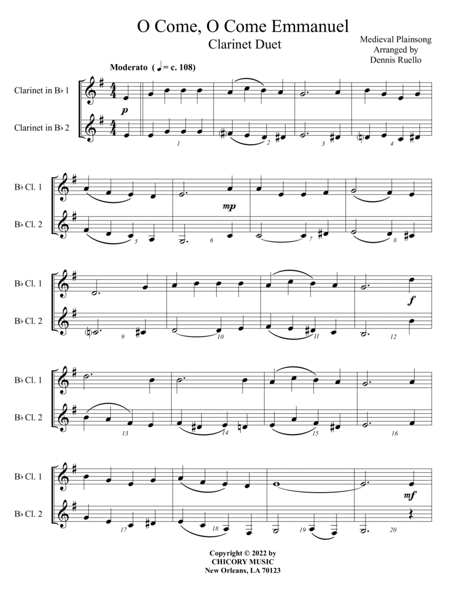 O Come, O Come Emmanuel - Clarinet Duet - Intermediate Level image number null