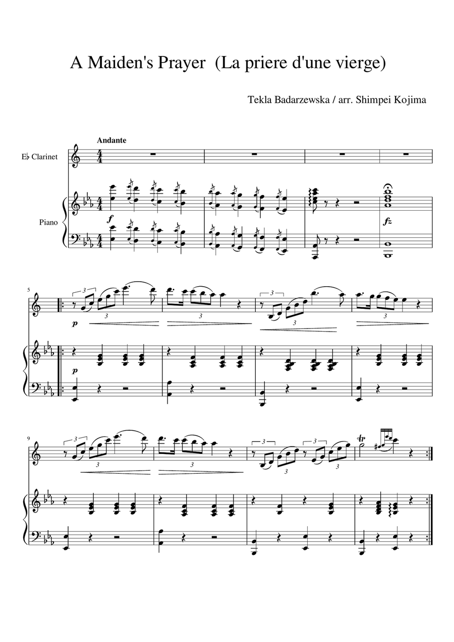 A Maiden's Prayer (La priere d'une vierge) for Eb clarinet and piano E-Flat Clarinet scores gallery preview page 1