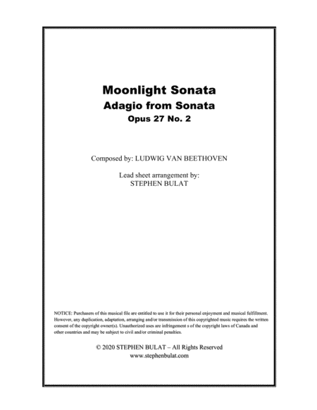 Moonlight Sonata - Adagio from Sonata Opus 27 No. 2 (Beethoven) - Lead sheet in original key of C#