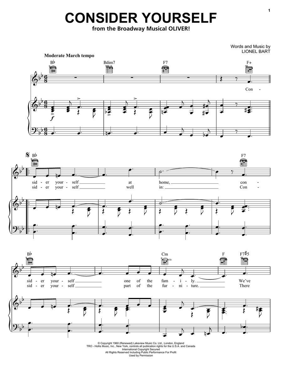 Consider Yourself Piano, Vocal, Guitar scores gallery preview page 1