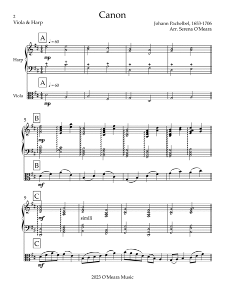 Canon, Duet for Viola & Harp by Johann Pachelbel String Duet - Digital Sheet Music