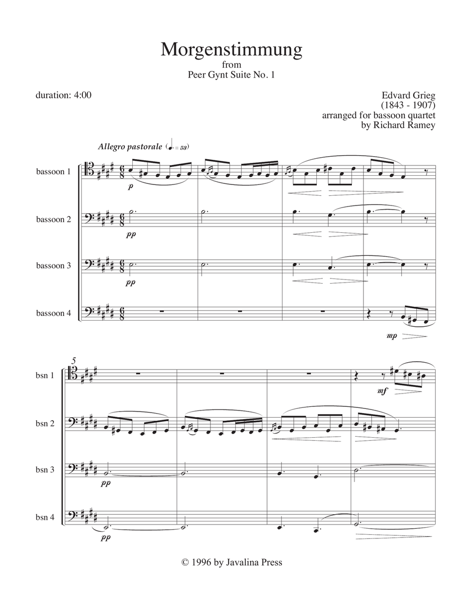 Morgenstimmung (Morning Mood) from Peer Gynt Suite No. 1 Woodwind Quartet scores gallery preview page 1