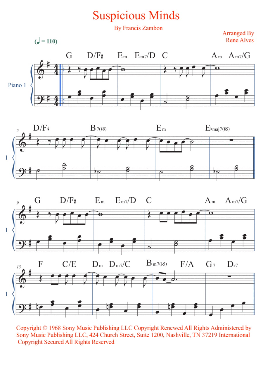 Suspicious Minds Easy Piano scores gallery preview page 1