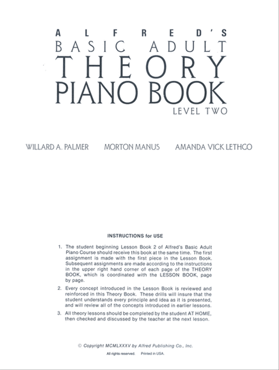 Alfred's Basic Adult Piano Course Theory, Book 2