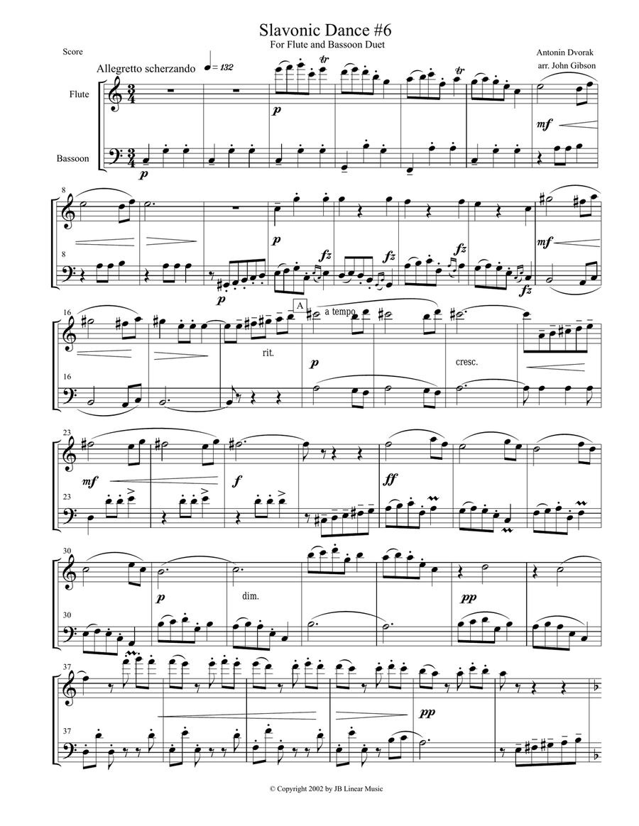 Dvorak Slavonic Dance #6 for flute and bassoon duet Woodwind Duet scores gallery preview page 1
