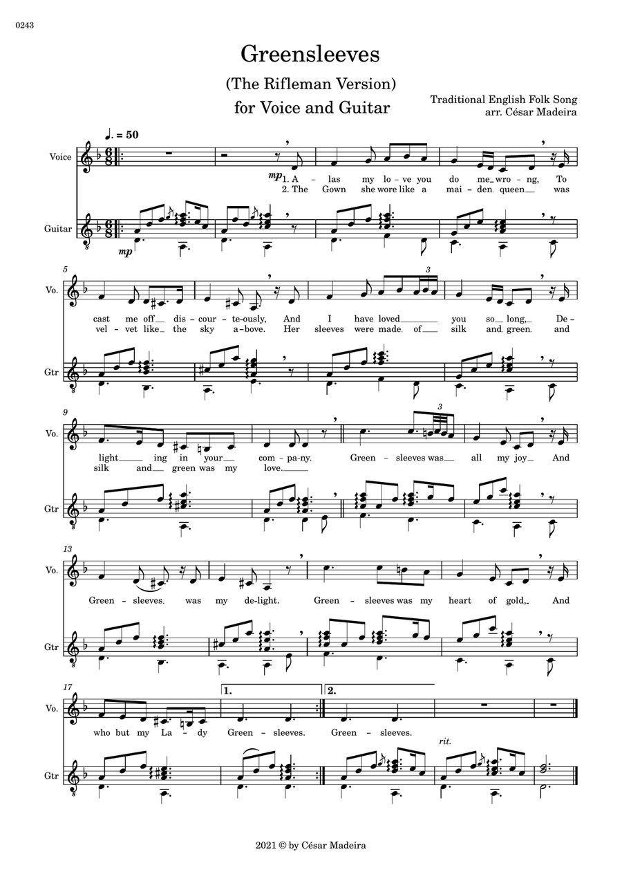 Greensleeves - Voice and Guitar (Full Score and Parts) Piano, Vocal scores gallery preview page 2