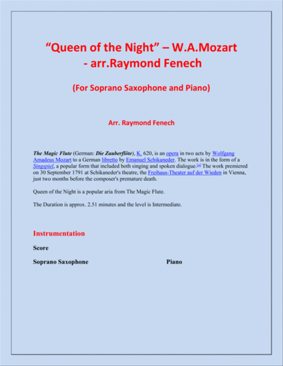 Queen of the Night - From the Magic Flute - Soprano Sax and Piano image number null