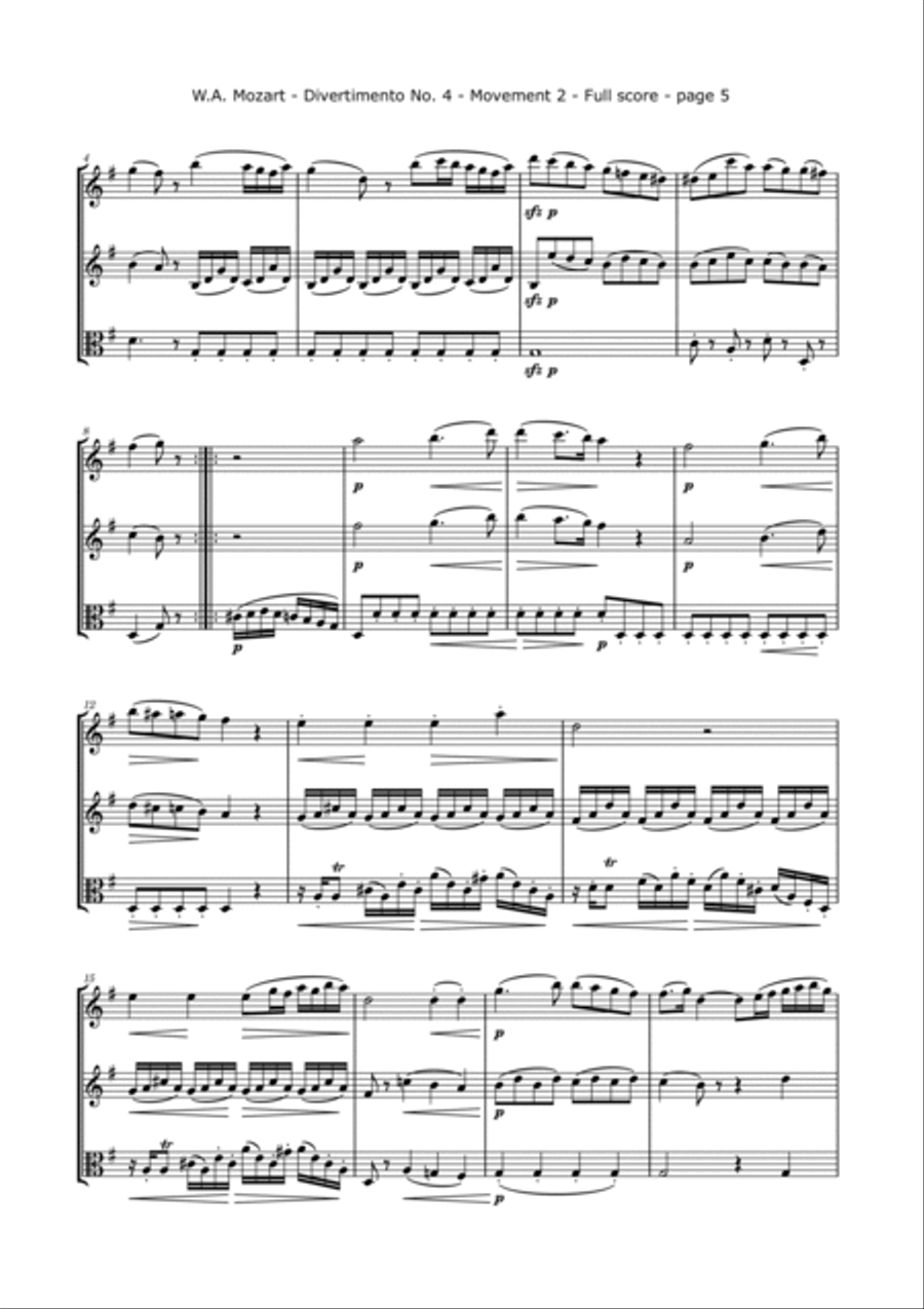 Mozart, W.A. - Divertimento No. 4, KV. 229 for 2 Violins and Viola String Trio scores gallery preview page 6