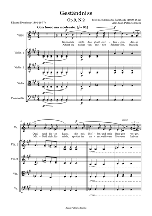 Mendelssohn, F: Geständnis Op.9, N.2 - arrangement for string quartet and High voice