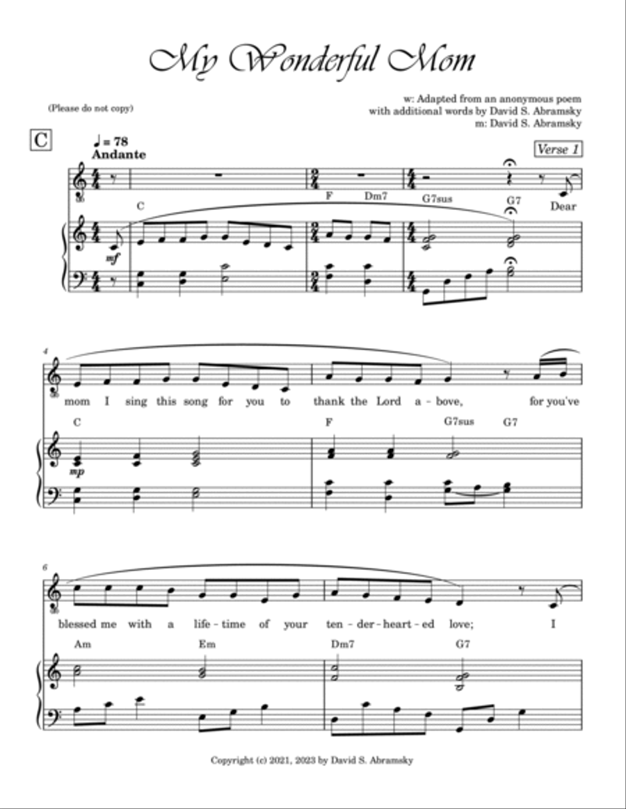 My Wonderful Mom (in C) ~ A sweet, song (piano+chords+vocal) for Mother's Day or any celebration! Piano, Vocal, Guitar scores gallery preview page 3