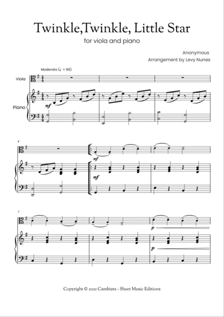 Twinkle,Twinkle, Little Star - For viola (solo) and piano (Easy/Beginner) Piano scores gallery preview page 2