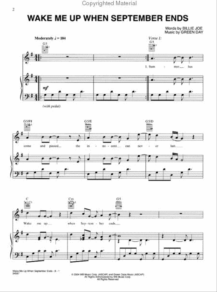 Wake Me Up When September Ends Piano, Vocal, Guitar scores gallery preview page 2