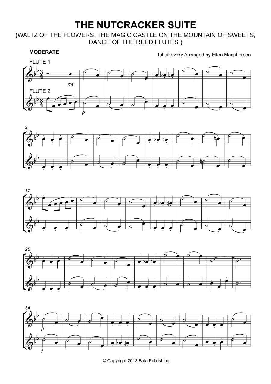 THE NUTCRACKER SUITE - FLUTE DUET - (Waltz of the Flowers, The Magic Castle on the Mountain of Sweet Flute Duet scores gallery preview page 1