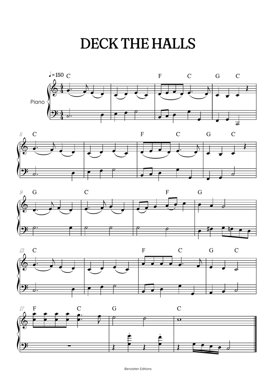 Deck the Halls for piano • intermediate Christmas song sheet music with chords Easy Piano scores gallery preview page 1