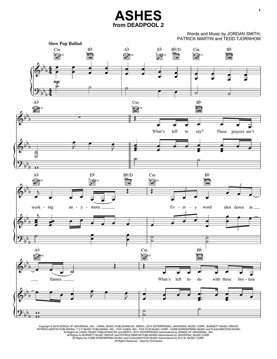 Ashes Piano, Vocal, Guitar scores gallery preview page 1
