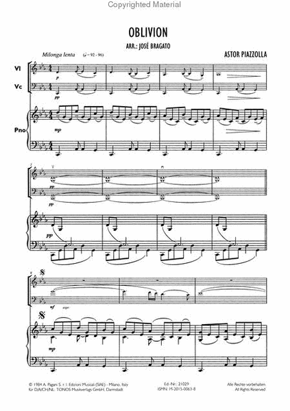 Oblivion by Astor Piazzolla Piano Trio - Sheet Music