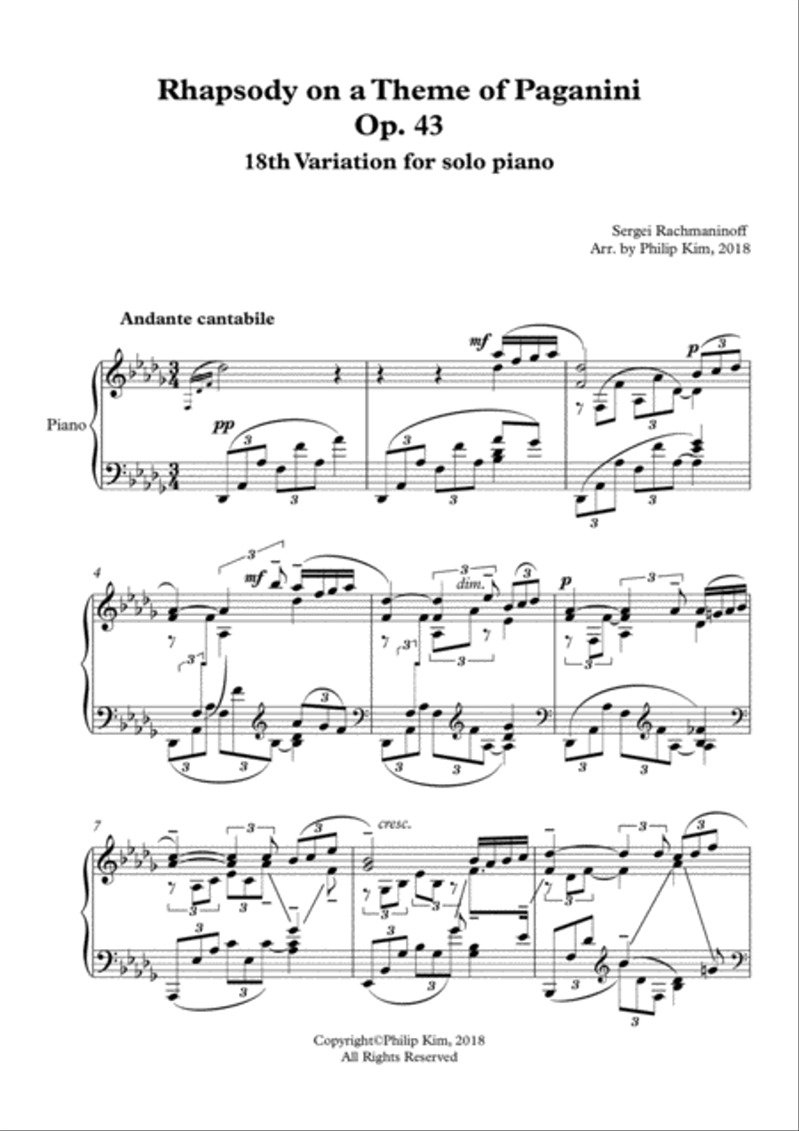 Rhapsody on a Theme of Paganini Op. 43 18th Variation for solo piano