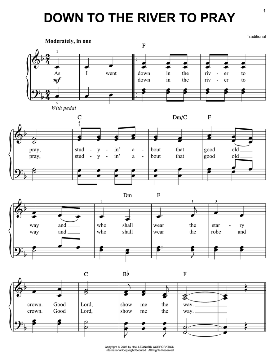 Down To The River To Pray (from O Brother, Where Art Thou?) Easy Piano scores gallery preview page 1