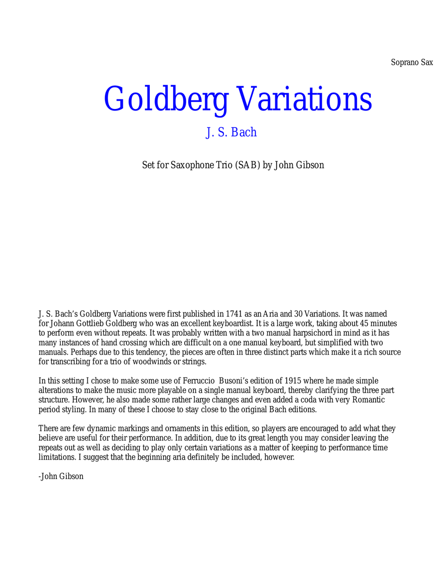 J. S. Bach Goldberg Variations set for saxophone trio (soprano, alto, baritone) - PARTS Woodwind Trio scores gallery preview page 1