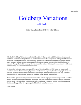 Book cover for J. S. Bach Goldberg Variations set for saxophone trio (soprano, alto, baritone) - PARTS