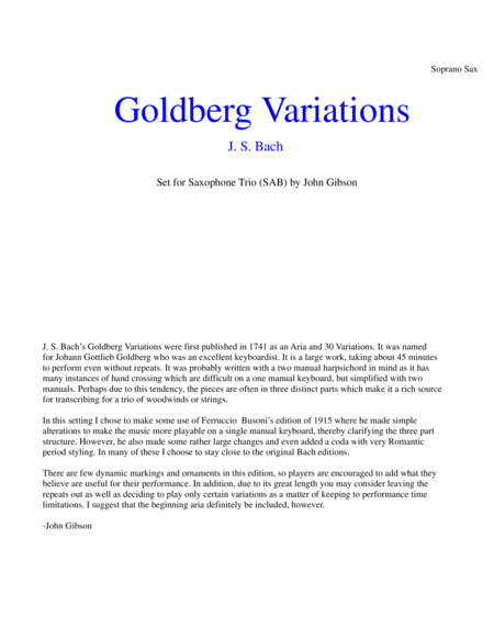 J. S. Bach Goldberg Variations set for saxophone trio (soprano, alto, baritone) - PARTS image number null