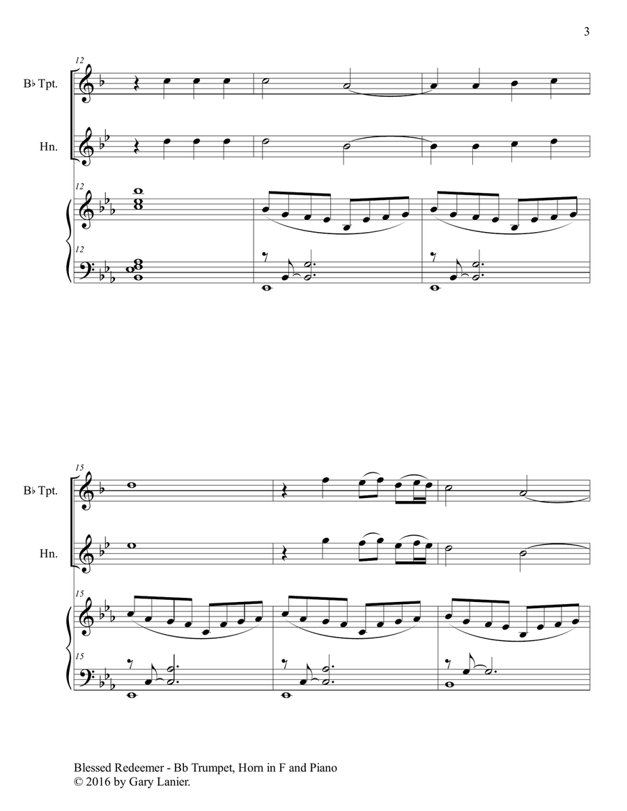 3 FAVORITE HYMNS (Trio - Bb Trumpet, Horn in F & Piano with Score/Parts) Brass Duet scores gallery preview page 4