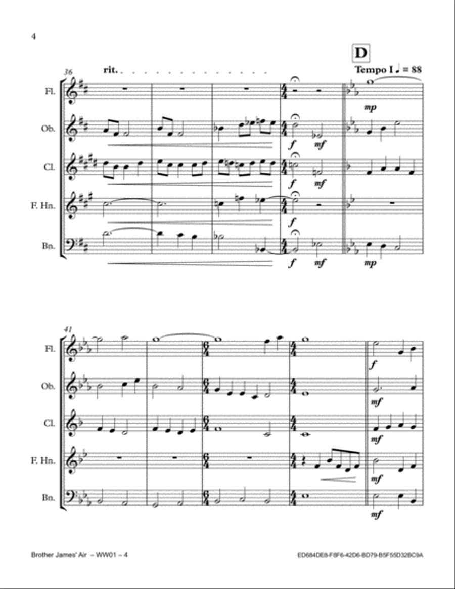 Brother James' Air Brother James' Air Woodwind Quintet scores gallery preview page 4