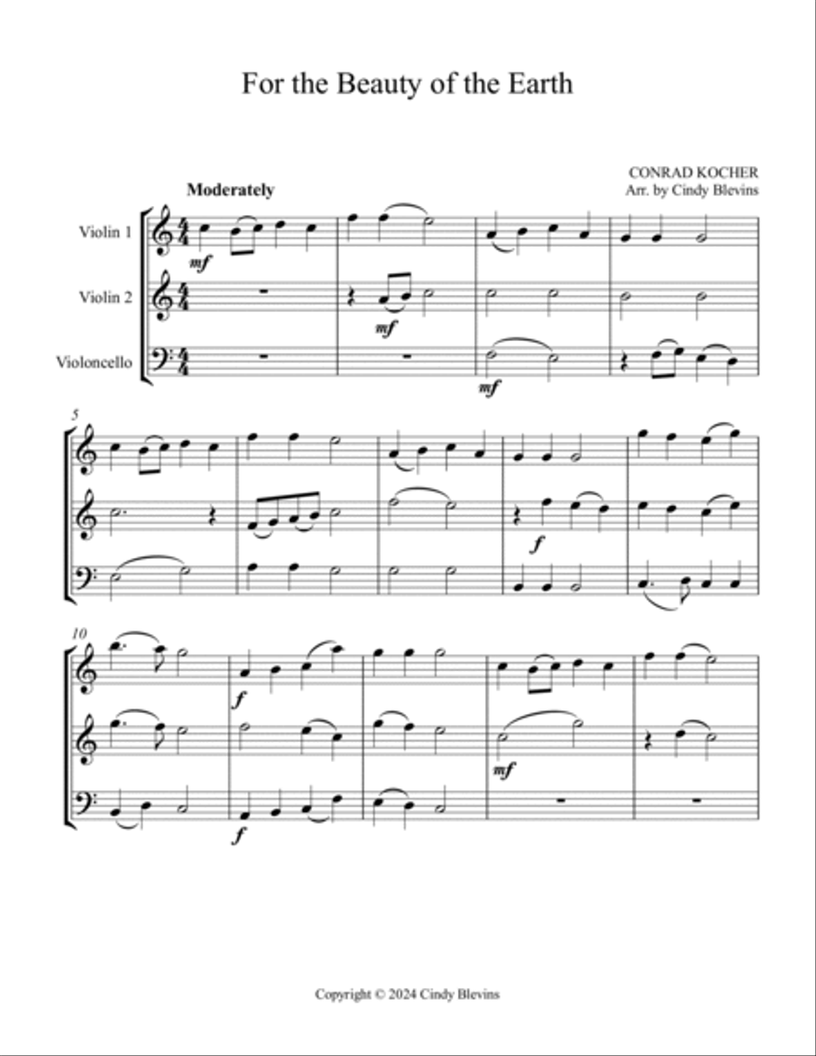 For the Beauty of the Earth, for Two Violins and Cello String Trio scores gallery preview page 2