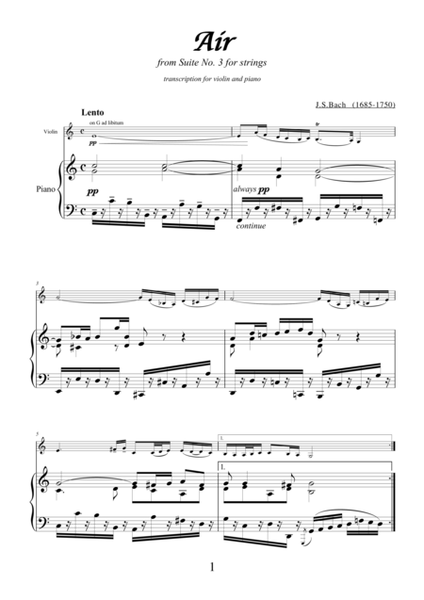 Air from Suite No.3 (on the G string) by Bach, transcription for violin and piano