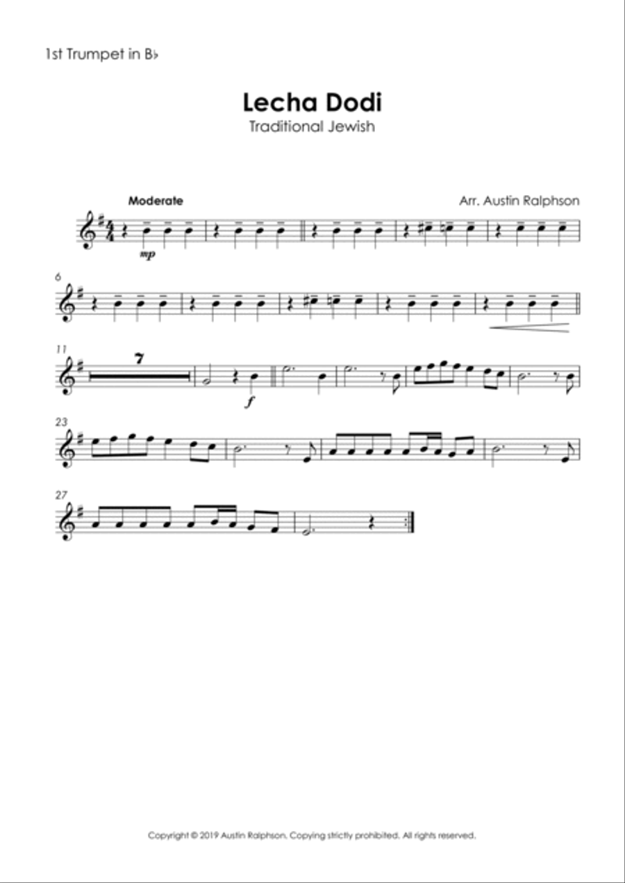 Lecha Dodi לכה דודי (Jewish Wedding / Jewish Sabbath / Kabbalat Shabbat) - brass quintet Brass Quintet scores gallery preview page 3