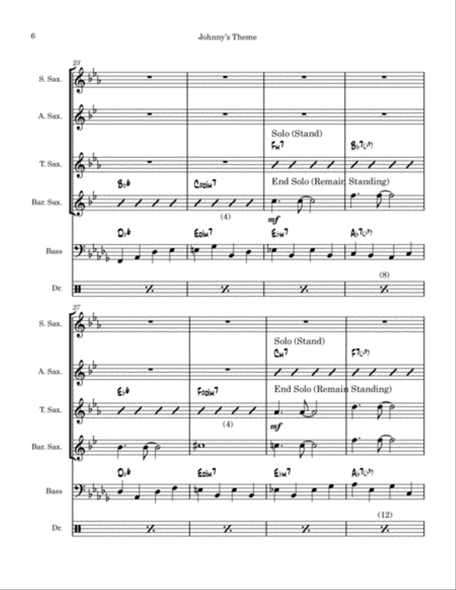 Johnny's Theme Saxophone Quartet scores gallery preview page 6