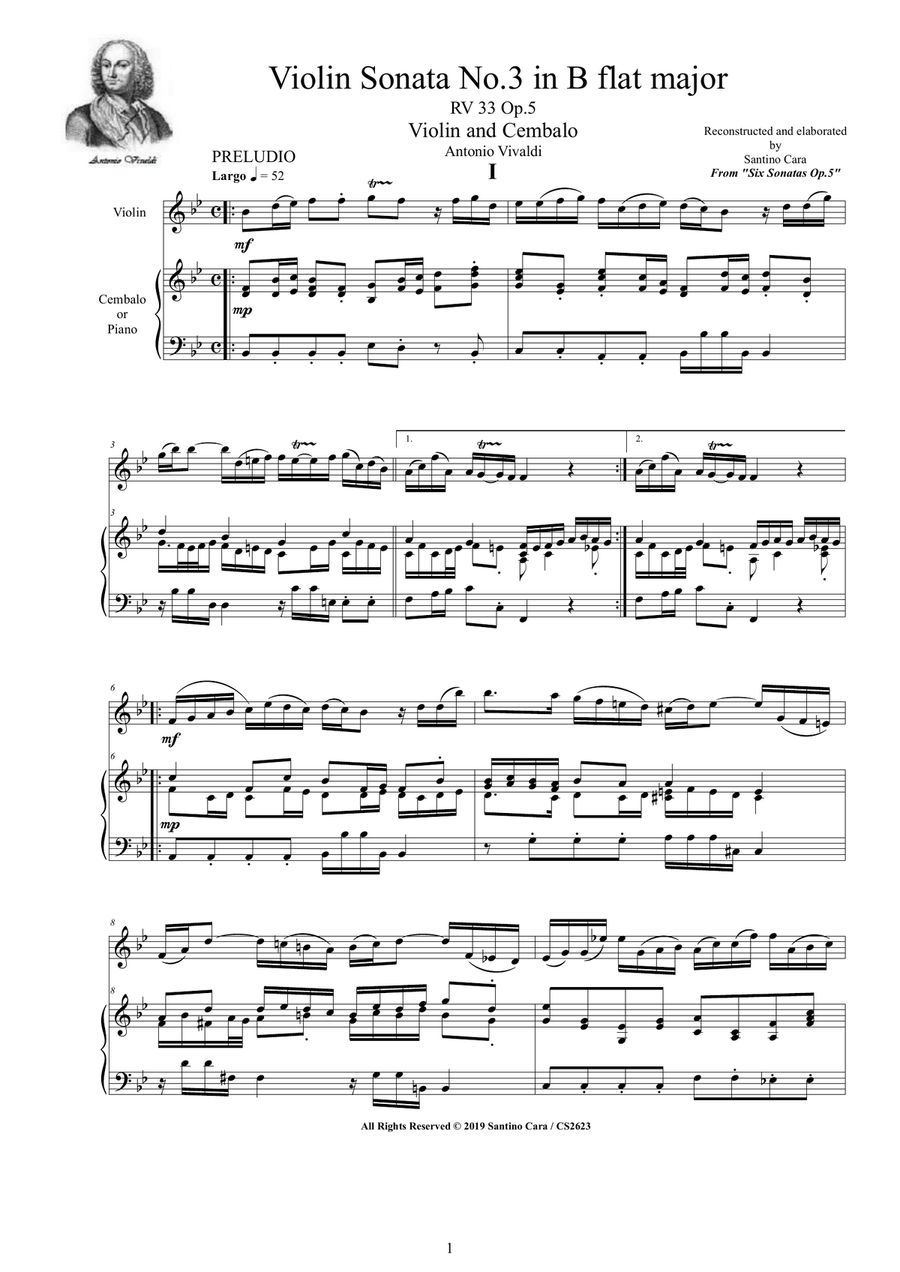 Vivaldi - Violin Sonata No. 3 in B flat major RV 33 Op.5 for Violin and Cembalo (or Piano) String Duet scores gallery preview page 1
