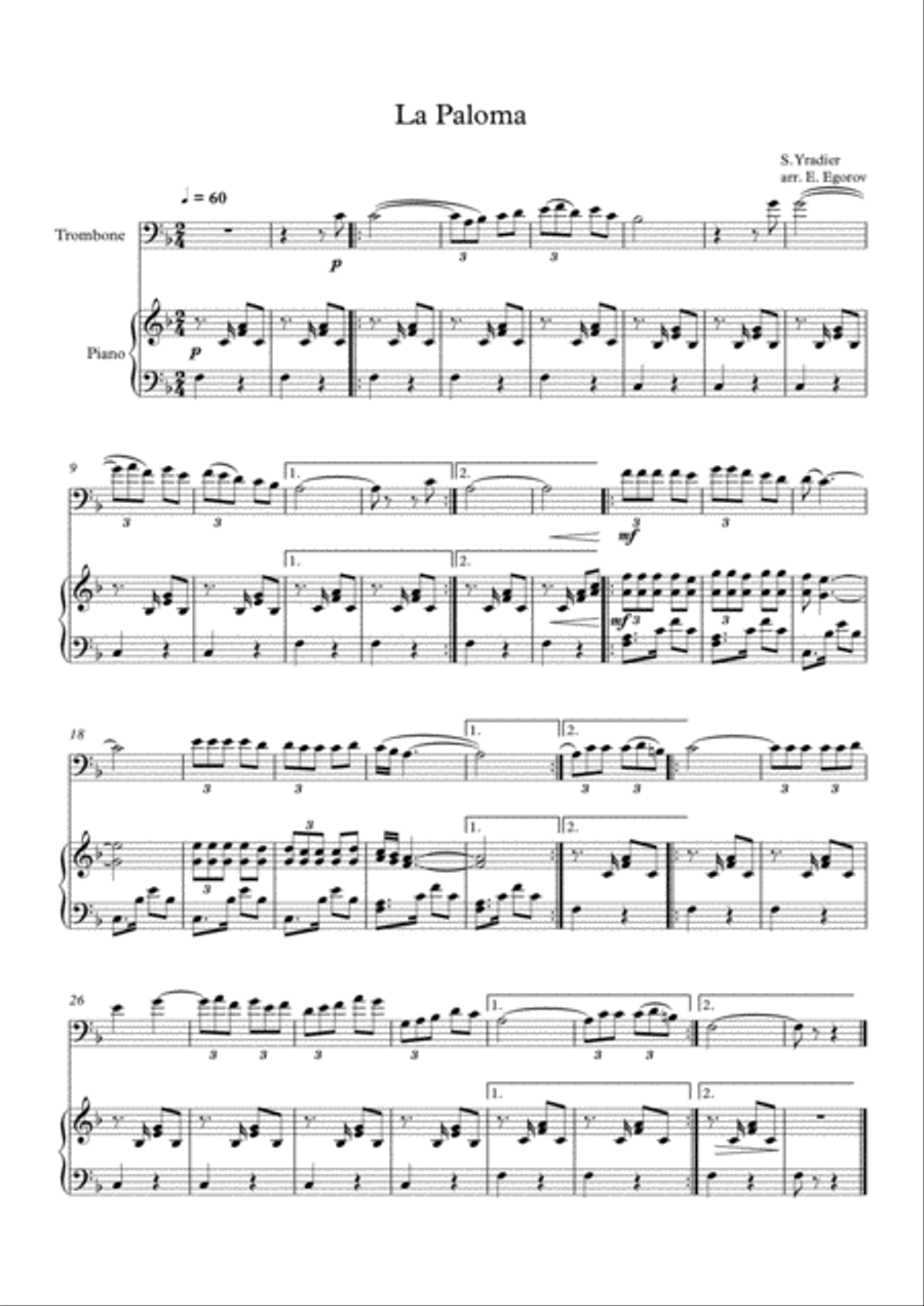 La Paloma, Sebastian Yradier, For Trombone & Piano Piano Accompaniment scores gallery preview page 1