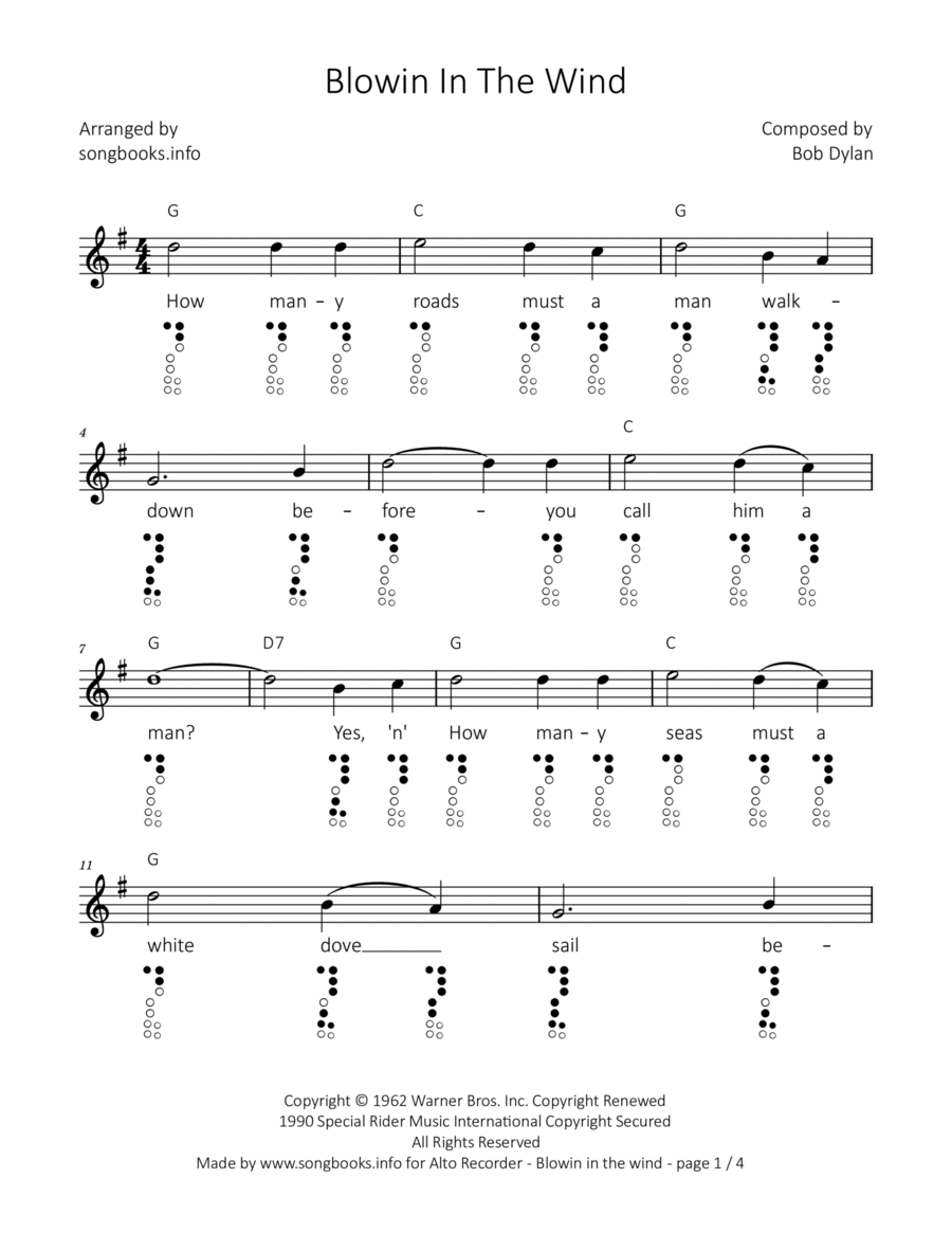 Blowin' In The Wind Alto Recorder scores gallery preview page 1