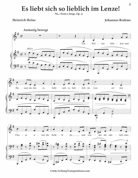 BRAHMS: Es liebt sich so lieblich im Lenze! Op. 71 no. 1 (transposed to G major)