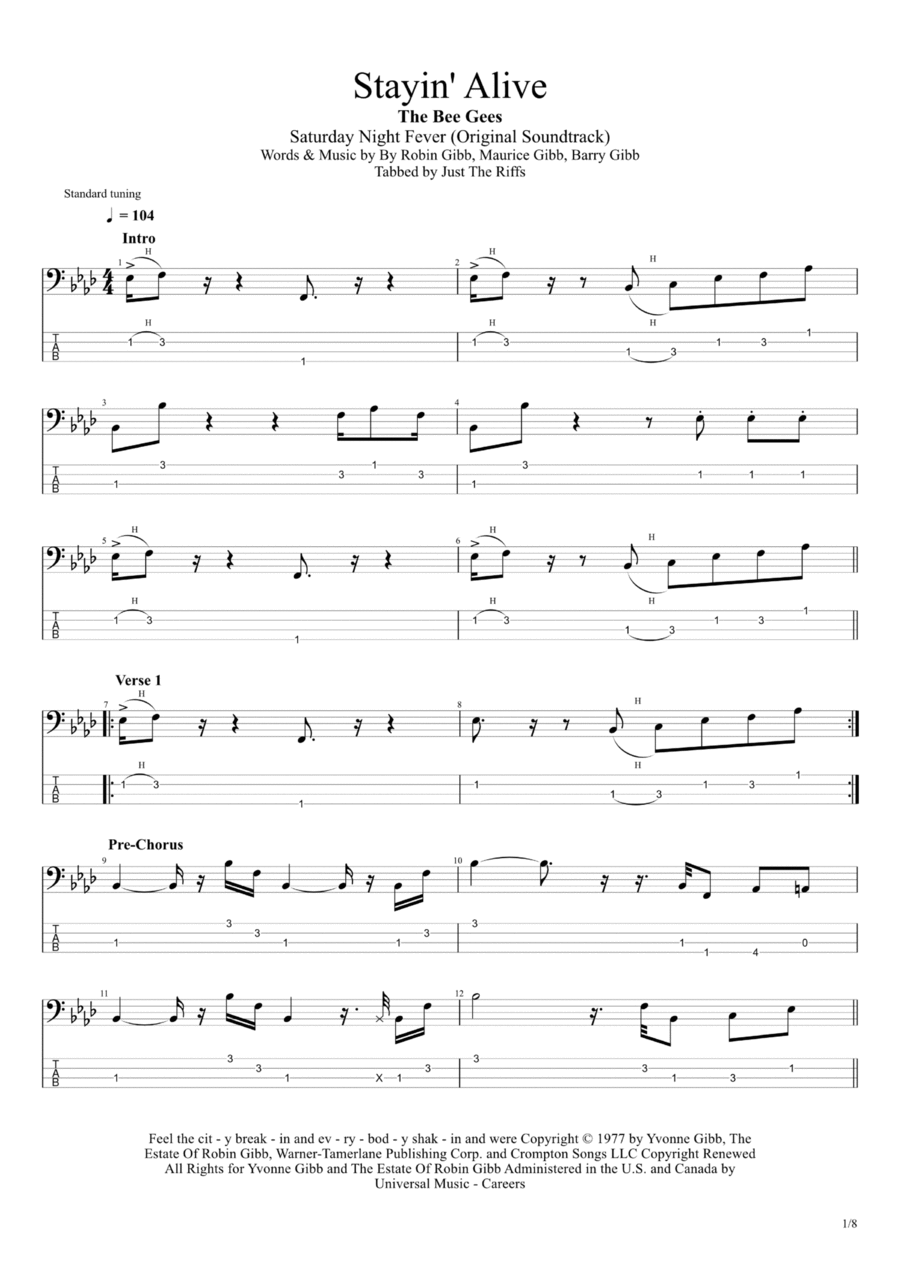 Stayin' Alive Bass Guitar scores gallery preview page 1