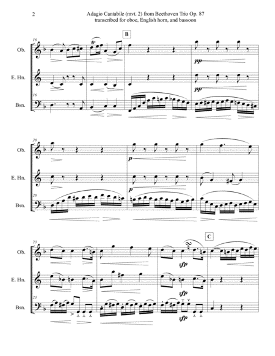 Adagio cantabile (mvt. 2) from Beethoven Trio in C Major, Op. 87, for Oboe, English horn, and Bassoo Woodwind Trio scores gallery preview page 4