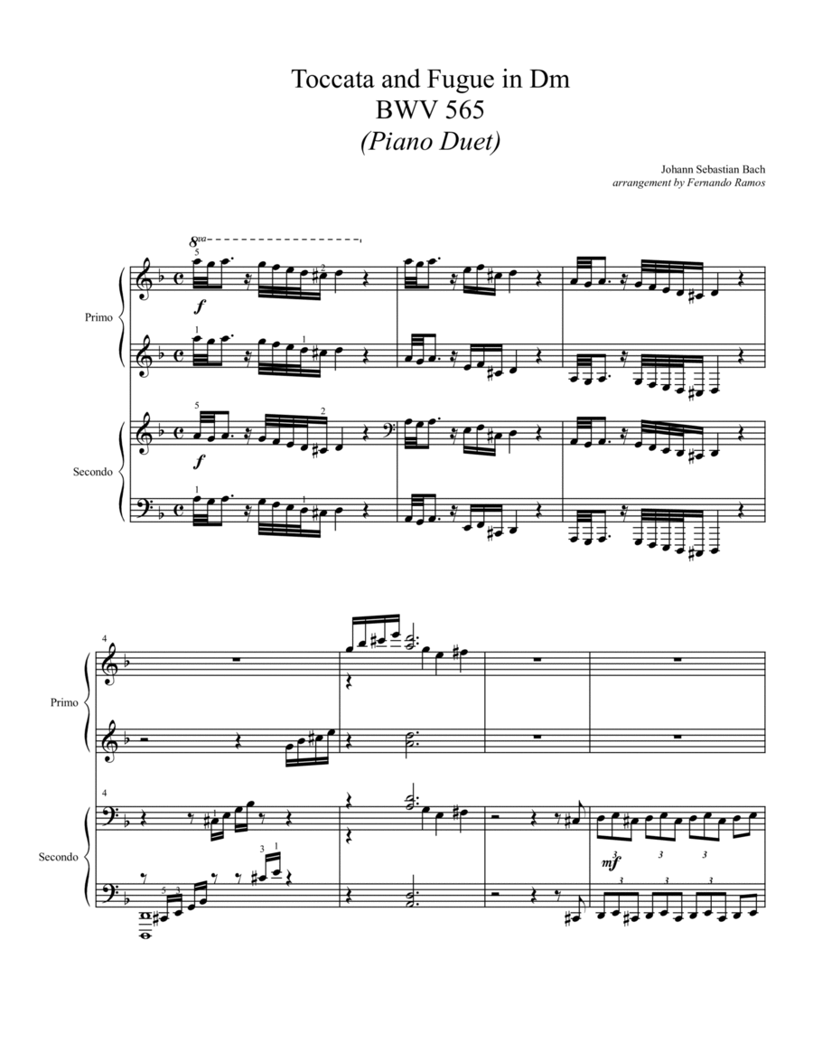 Toccata and Fugue in D Minor, BWV 565 1 Piano, 4-Hands scores gallery preview page 1