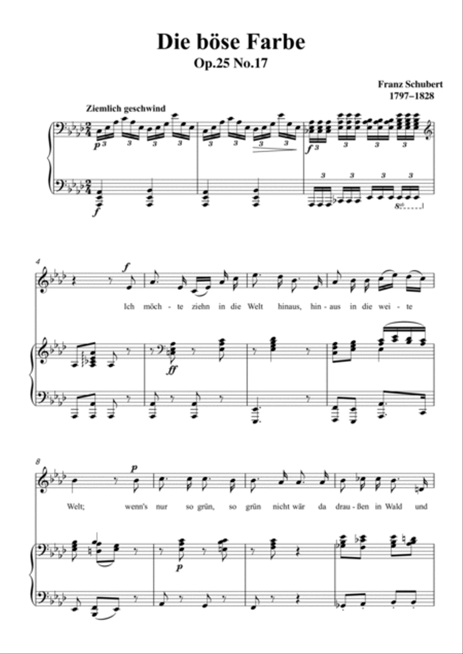 Schubert-Die böse Farbe,from 'Die Schöne Müllerin',Op.25 No.17 in bA for Vocal and Piano Voice scores gallery preview page 2