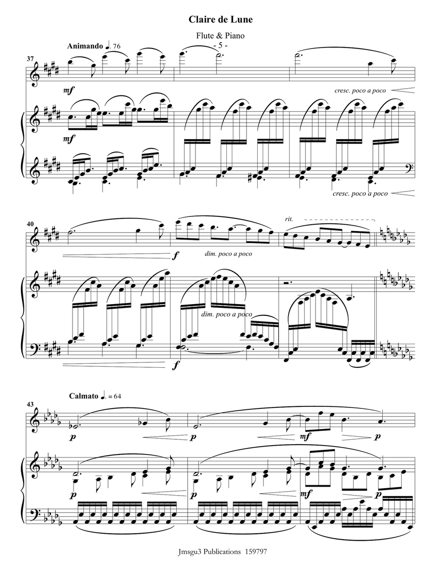 Debussy: Claire de Lune for Flute & Piano Flute Solo scores gallery preview page 5