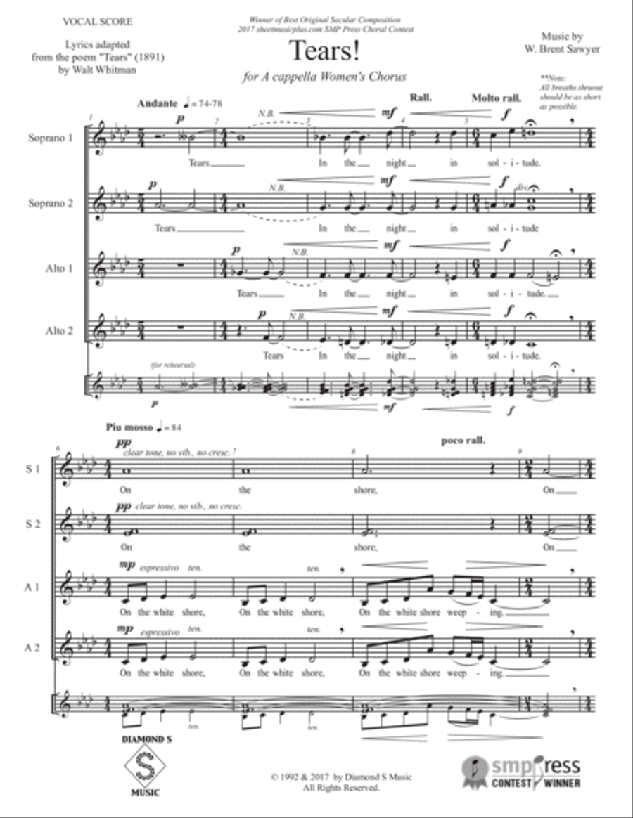 Tears! - for A cappella Women's Chorus (SSAA) - Winner of 2017 Best Secular Choral Composition SSAA scores gallery preview page 2