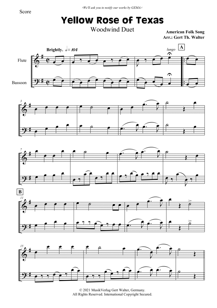 Yellow Rose of Texas Woodwind Duet scores gallery preview page 1