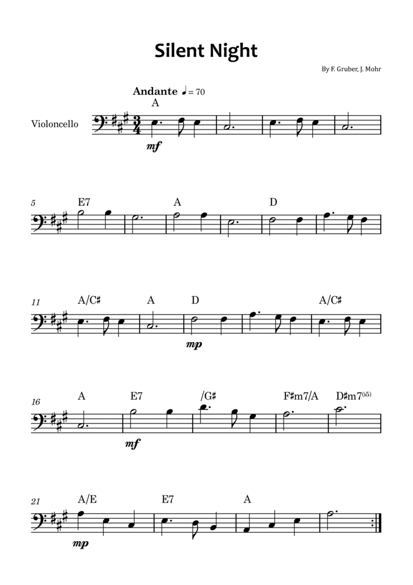 Silent Night - Cello solo with chord symbols image number null