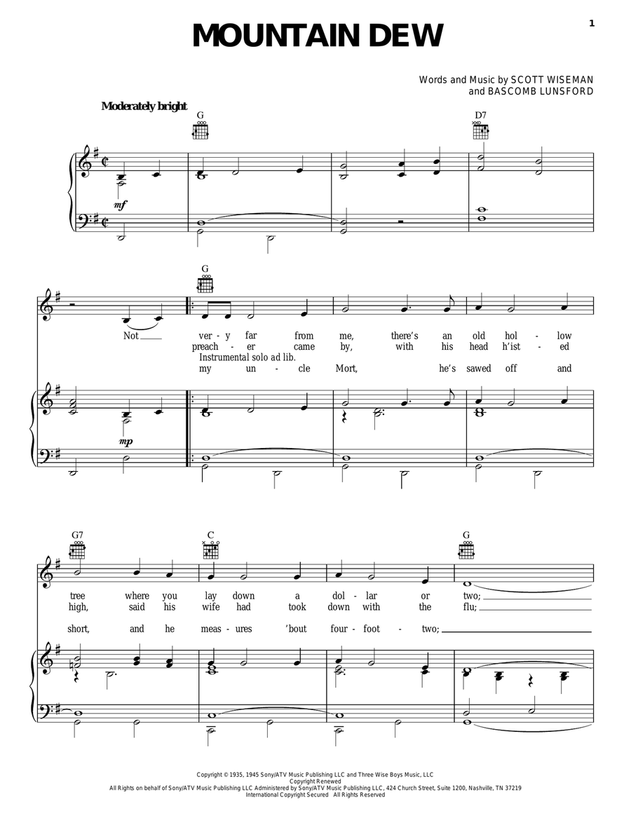 Mountain Dew Piano, Vocal, Guitar scores gallery preview page 1