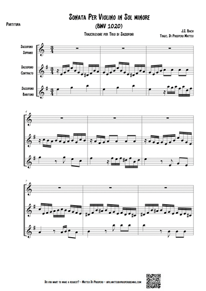 Sonata per Violino in Sol minore BWV 1020 - Sax Trio Plus (Baritono o Tenore)