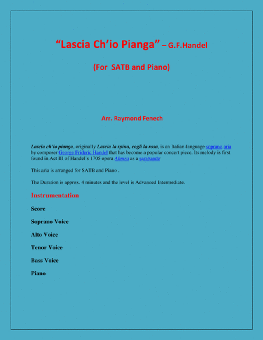 Lascia Ch'io Pianga - From Opera 'Rinaldo' - G.F. Handel ( SATB Voices and Piano) image number null